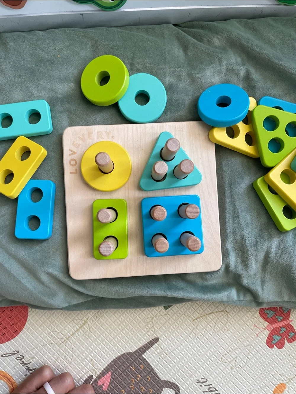 Wooden Shape Sorting & Stacking Toy in Blue and Lime Puzzle